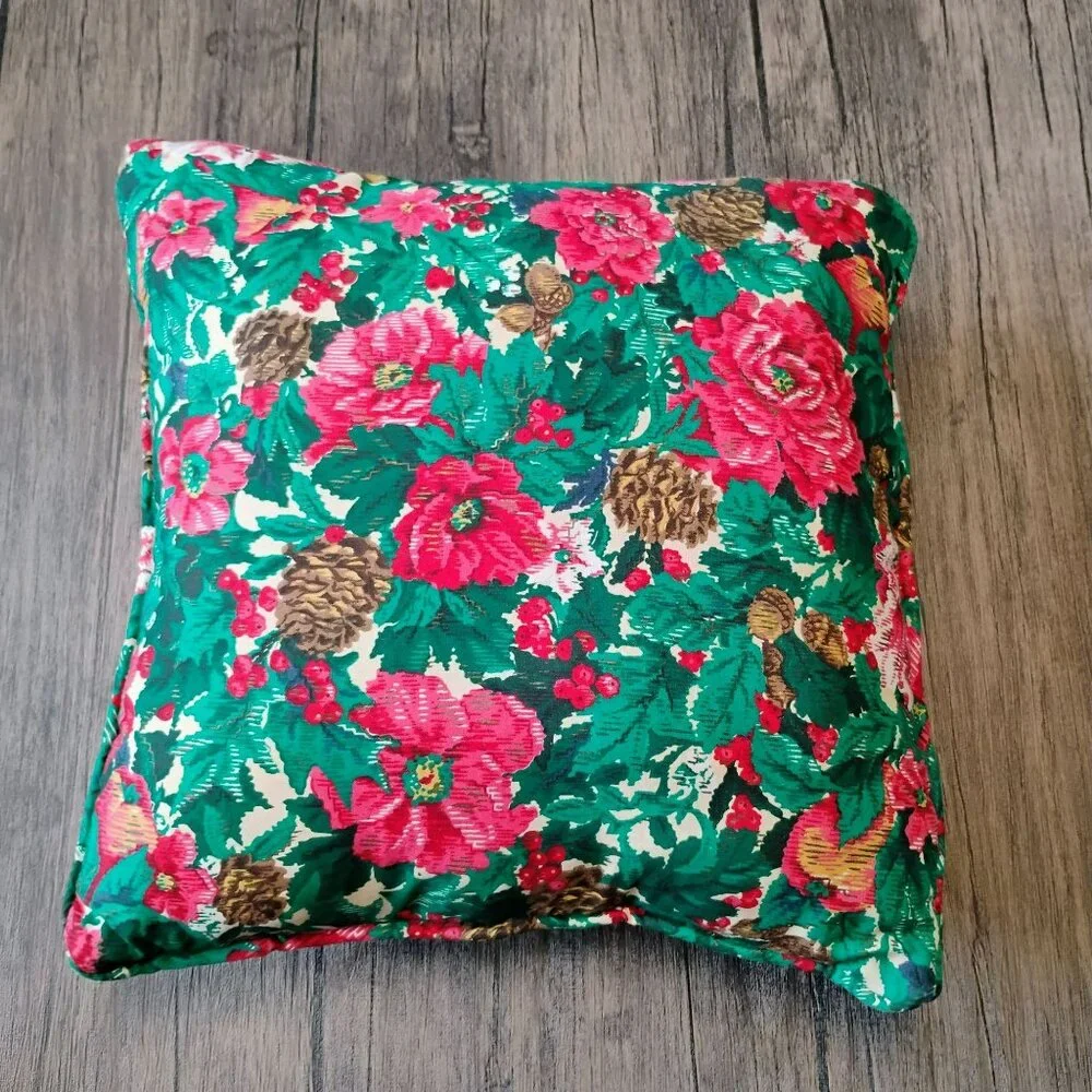 Holiday Patchwork Throw Pillow, Vintage Handmade Quilted Red Green Floral 14